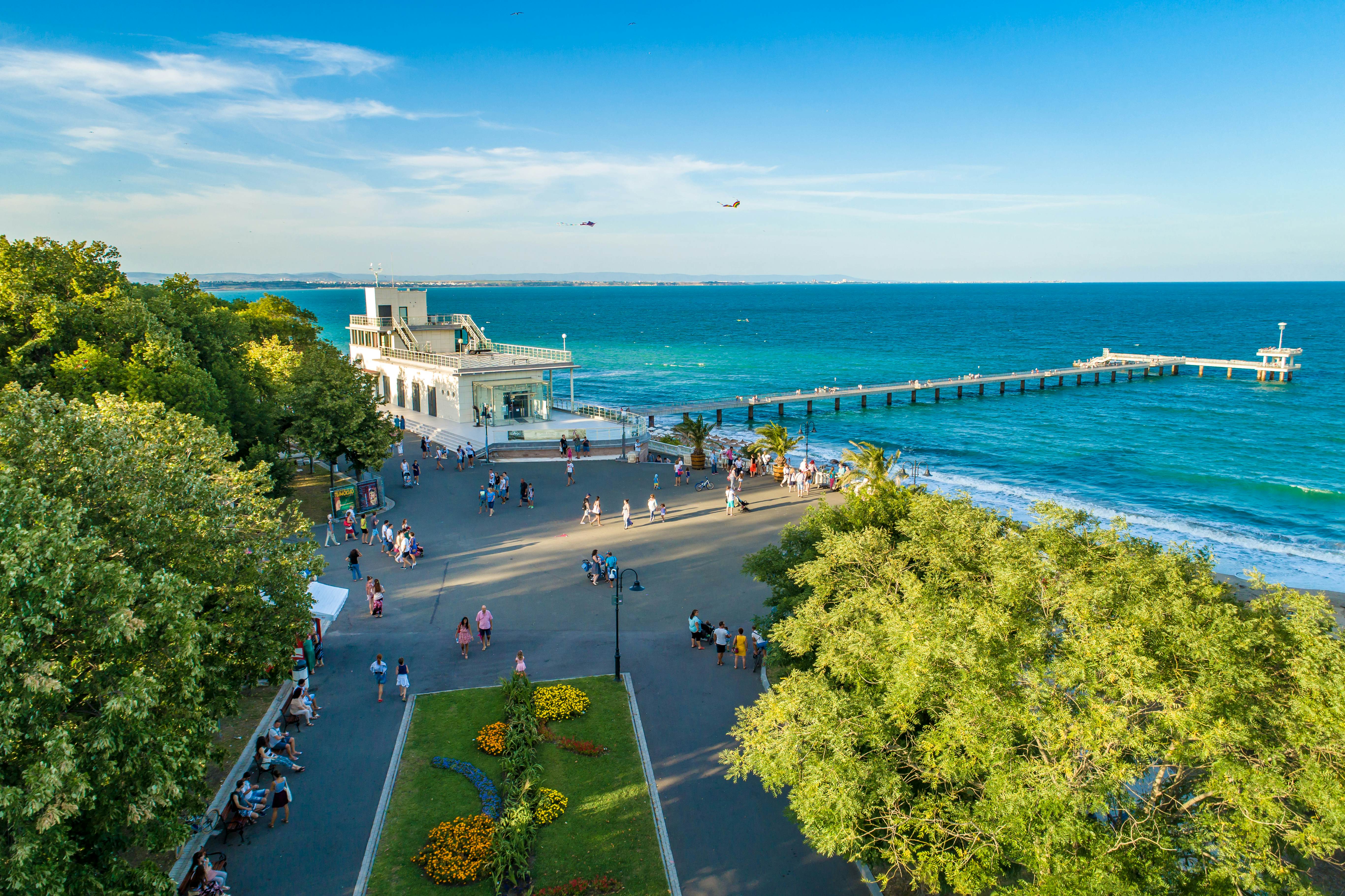 Stunning aerial drone view over the sea garden in Burgas, Bulgaria ultra wide shot. The scene is situated outdoors near sunset in Burgas, Bulgaria on the Black Sea shores. The photo is taken with DJI Phantom 4 Pro drone.